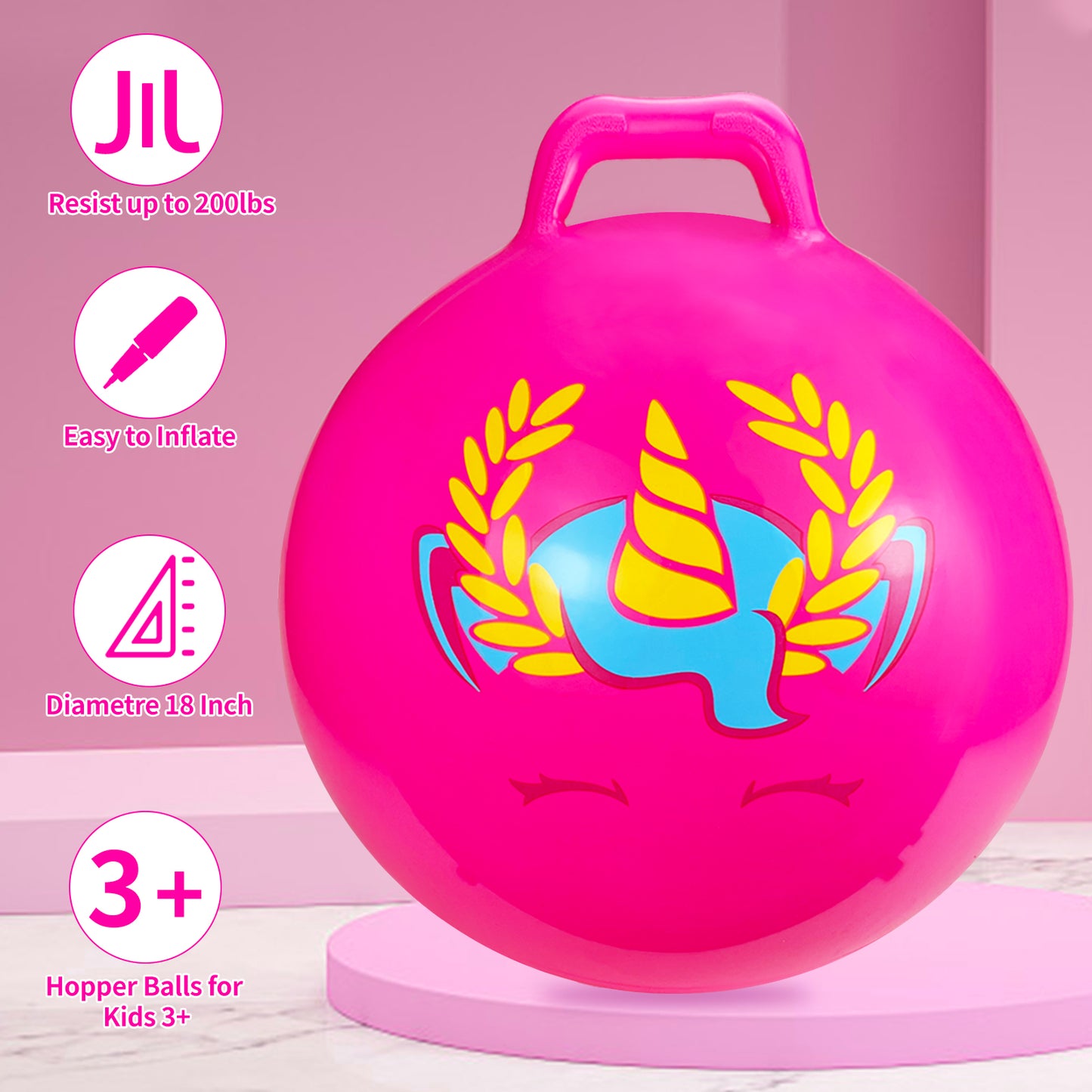 Kids Bounce Balls - 18" Bouncing Ball with Handle, Large Bouncy Jumping Balls for Boys Girls Balance Jump Games,Toddlers Toys Inflatable Ball for Party Favors | Outdoor | Indoor Games-Pink