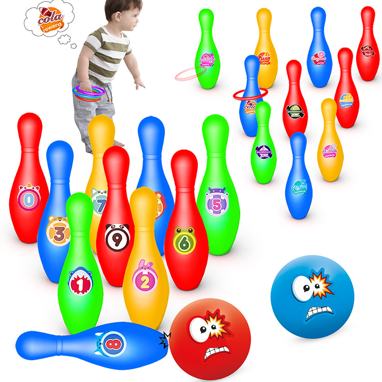 Kids Bowling Set, Toddler Bowling Set with 10 Bowling Pins and 2 Plastic Balls & 4 Hoops, Suitable as Toy Gifts, Early Education, Indoor Outdoor Bowling Games Toys for Toddlers 3-15 Years Old