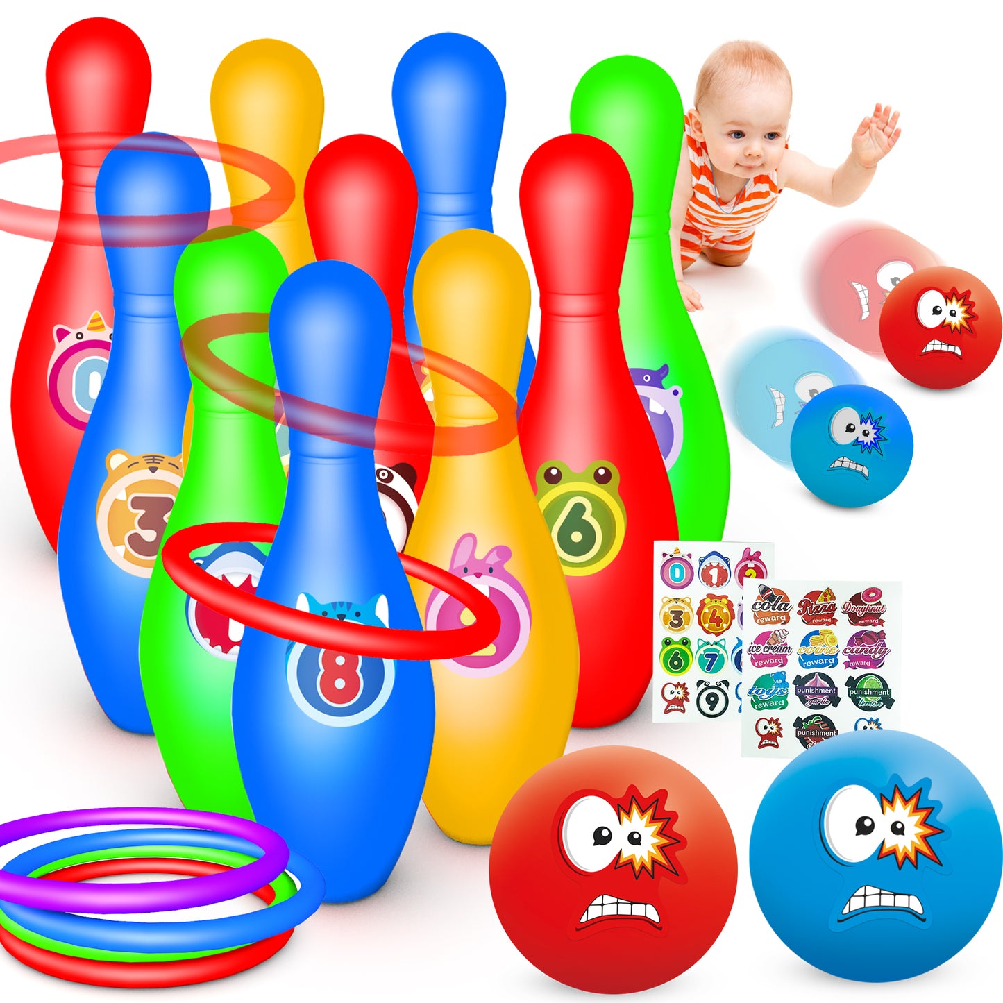 Kids Bowling Set, Toddler Bowling Set with 10 Bowling Pins and 2 Plastic Balls & 4 Hoops, Suitable as Toy Gifts, Early Education, Indoor Outdoor Bowling Games Toys for Toddlers 3-15 Years Old