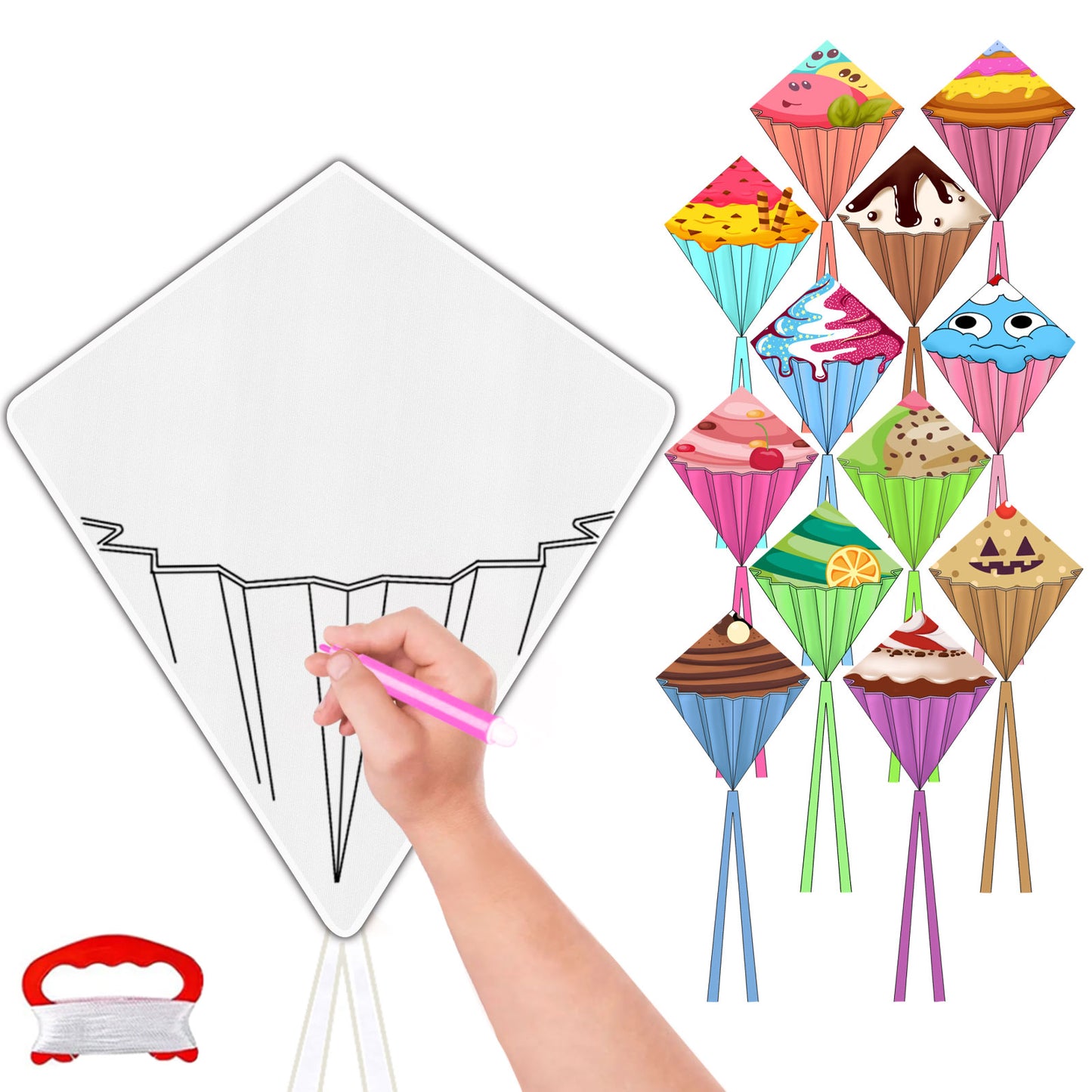 DIY Kites, Diamond Kite for Kids Easy to Fly- Creative Kite with Colorful Pens & Kite Handle for Summer Party Favors, Great Education Toys| Outdoor Beach Backyard Camping Toys