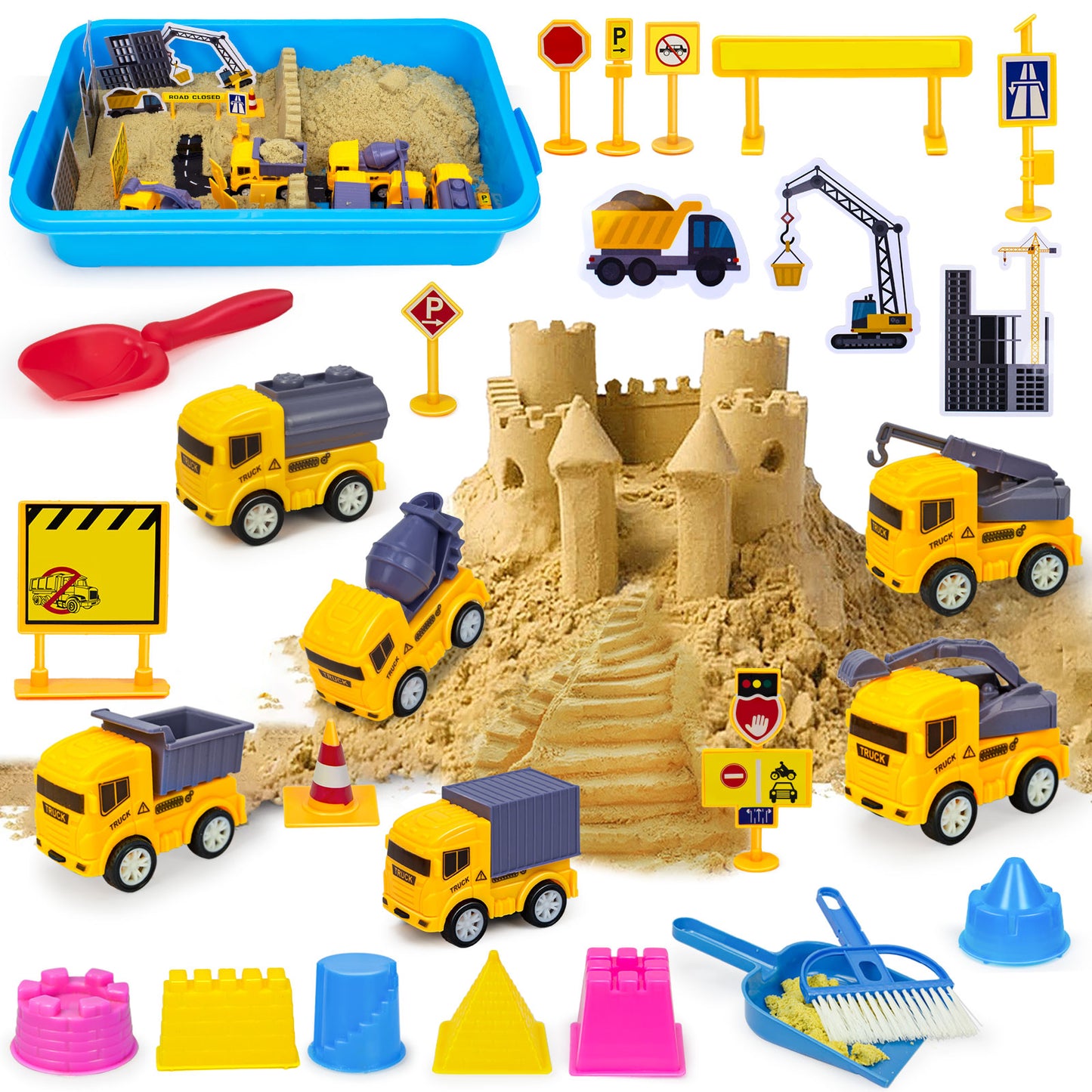 Construction Sand Toys, Kids Play Sand Kit Included 2.2lbs Magic Sand, Crane, 6 Construction Vehicles, 8 Signs, 12 Molds, Beach Building Sand Castle Sensory Bin Toy for Toddlers Boys