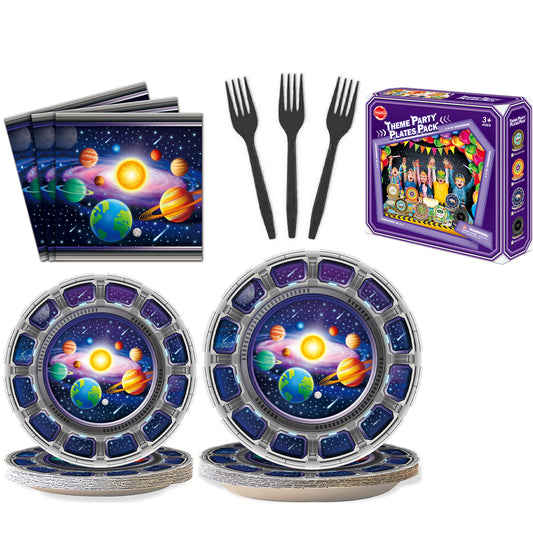 Birthday Party Supplies Decorations Plates Set for Guests, Include Plates Napkins Tablecloth Cups Cutlery Set for Boys Kids Galaxy Theme