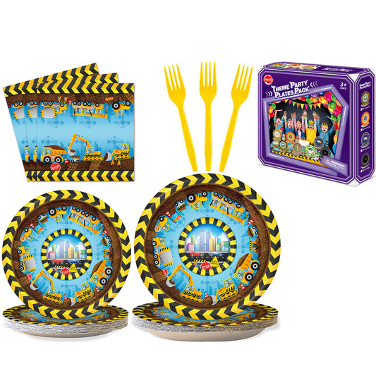 Construction Birthday Party Supplies Decorations Plates Set for Guests, Include Plates Napkins Tablecloth Cups Cutlery Set for Boys Kids Construction Excavator Theme