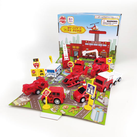 Car Toys for Boys & Girls, Kids 3 - 12 Fire Truck Toy Figures with Map, Activity Play Mat, Roadblock - Educational Children Play Set