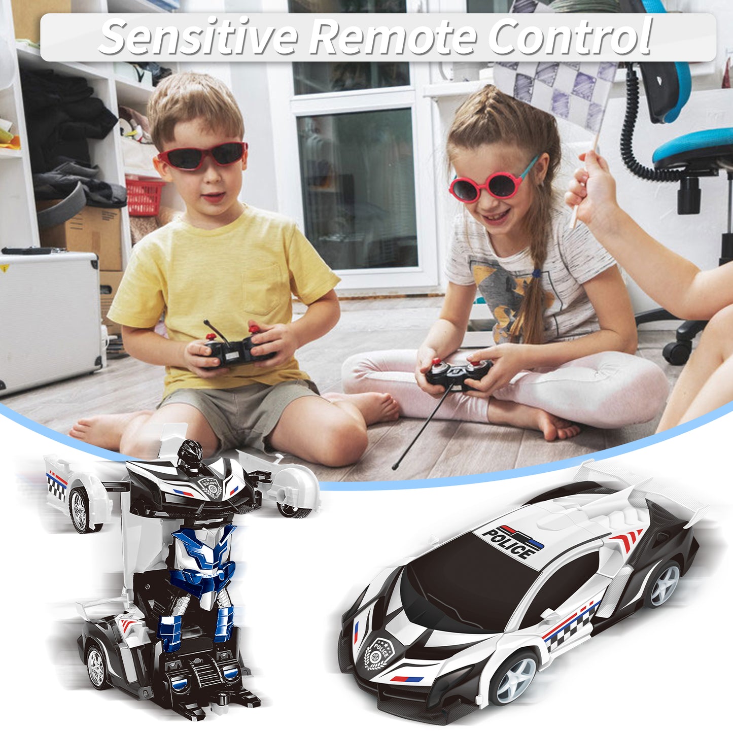 Remote Control Car Transform Car Robot Toy for Kids,1:18 Scale High Speed RC Cars Racing Car with 360°Rotating for Boys 3 4 5 6 7 8 9 Years Old Birthday-Police