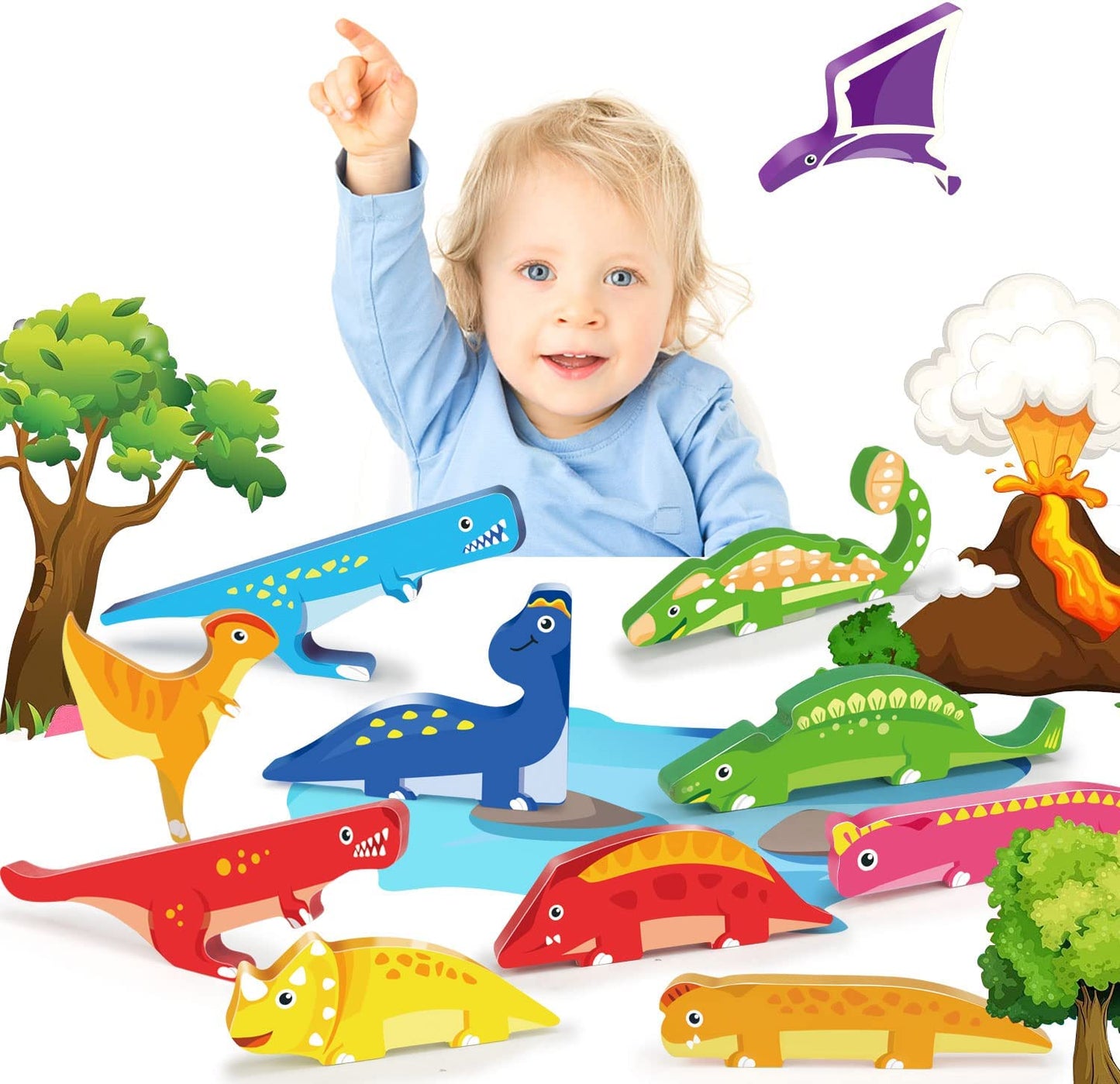 Wooden Puzzles for Toddlers 1-3, Wooden Teaching Clock | 2 in 1 Toddler Puzzles Stacking Toys for Infant Boys Girls Early Learning, Montessori Toys for 1 2 3 Year Old (Dinosaur+Animals Stacking Toys)