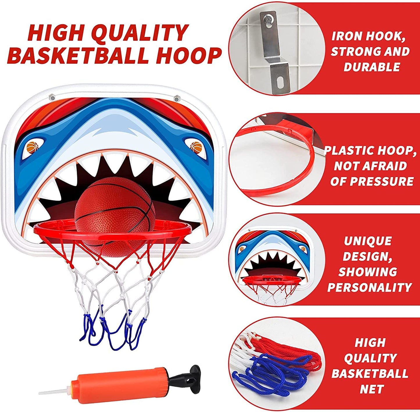 Toddler Basketball Hoop, Kids Basketball Hoop Set- Mini Basketball Hoop Door & Wall Set- Multifunction Toddler Basketball Hoop Toys for Boys Girls Indoor Outdoor Sport Games(Shark