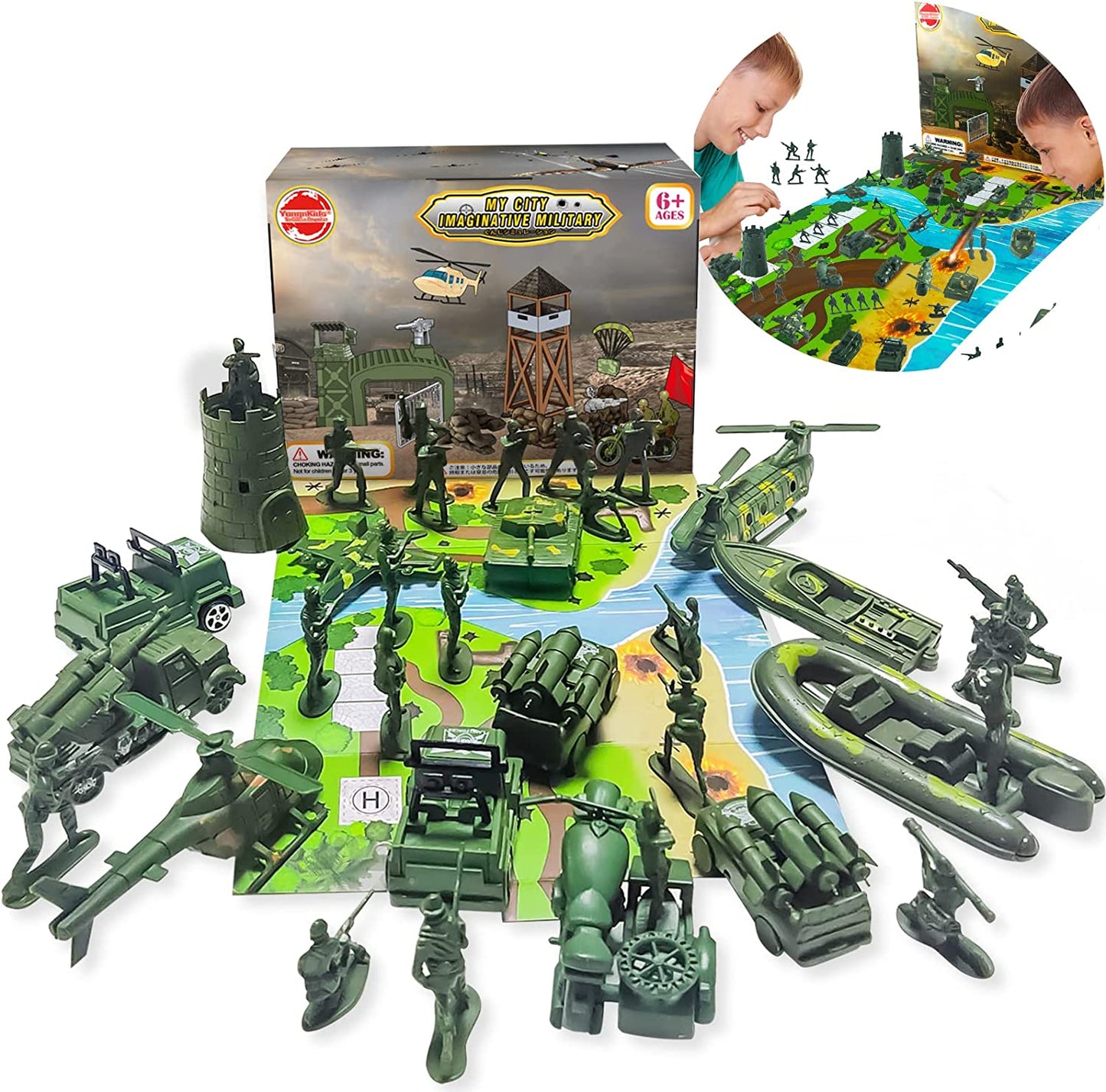 Toys for Boys|Army Men Toys for Boys|Army Men|Army Toys-46 Pcs Army Scene Box-Mini Action Figure Play Set with Soldiers, Vehicles ,Tanks , Aircrafts & Boats (Army)