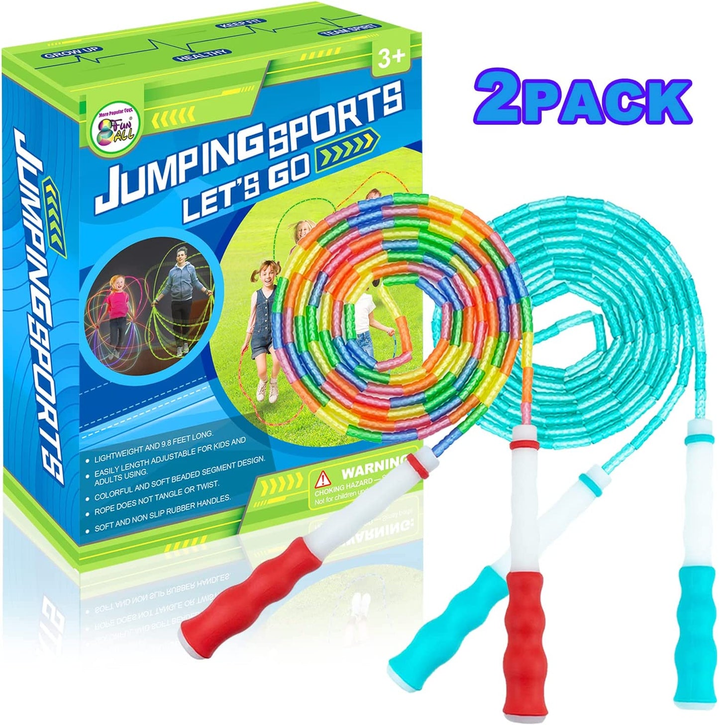 Jump Rope | Soft Beaded Jump Rope & Skipping Rope & Speed Rope adjustable for Kids Toddler Boys Girls Women Fitness Training Workout, 9 Feet 2 Pack