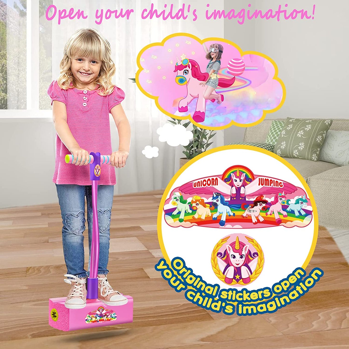 Ynanimery Foam Pogo Stick for Kids Toddlers, Durable and Fun Jumper with Unicorn or Dinosaur Stickers for Girls Ages 3 and up, Indoor | Outdoor | Garden Games | Party Favors Jumping Gift,Pink