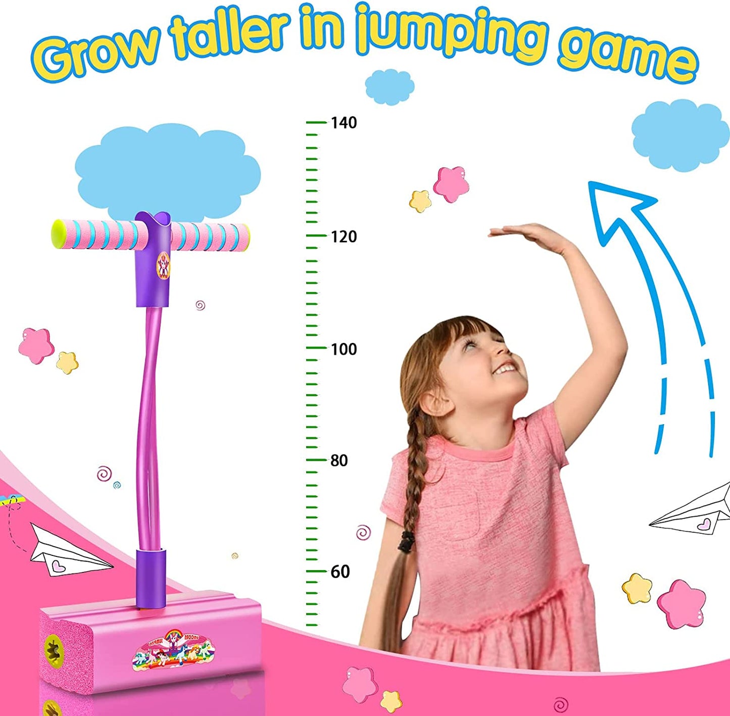 Ynanimery Foam Pogo Stick for Kids Toddlers, Durable and Fun Jumper with Unicorn or Dinosaur Stickers for Girls Ages 3 and up, Indoor | Outdoor | Garden Games | Party Favors Jumping Gift,Pink